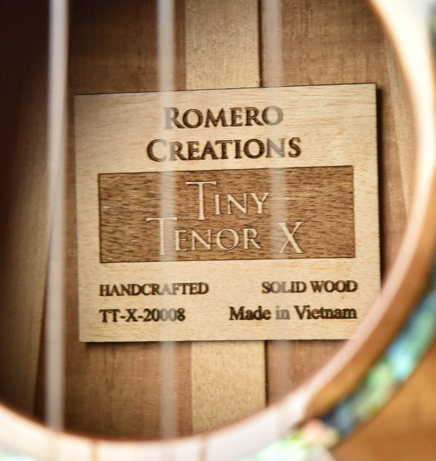 Romero Creations Tiny Tenor X label: handcrafted, solid wood, Made in Vietnam