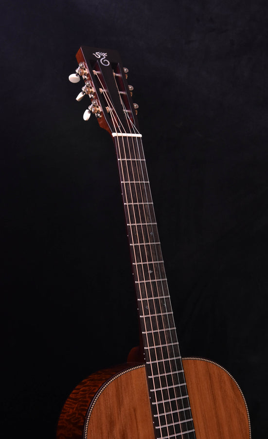 Headstock and fretboard of acoustic guitar, tuning pegs and marker dots visible