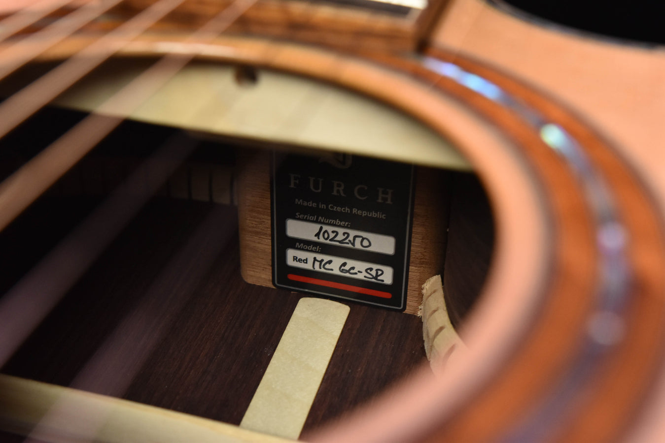 Furch model label inside guitar soundboard with Red MC-GC-SP