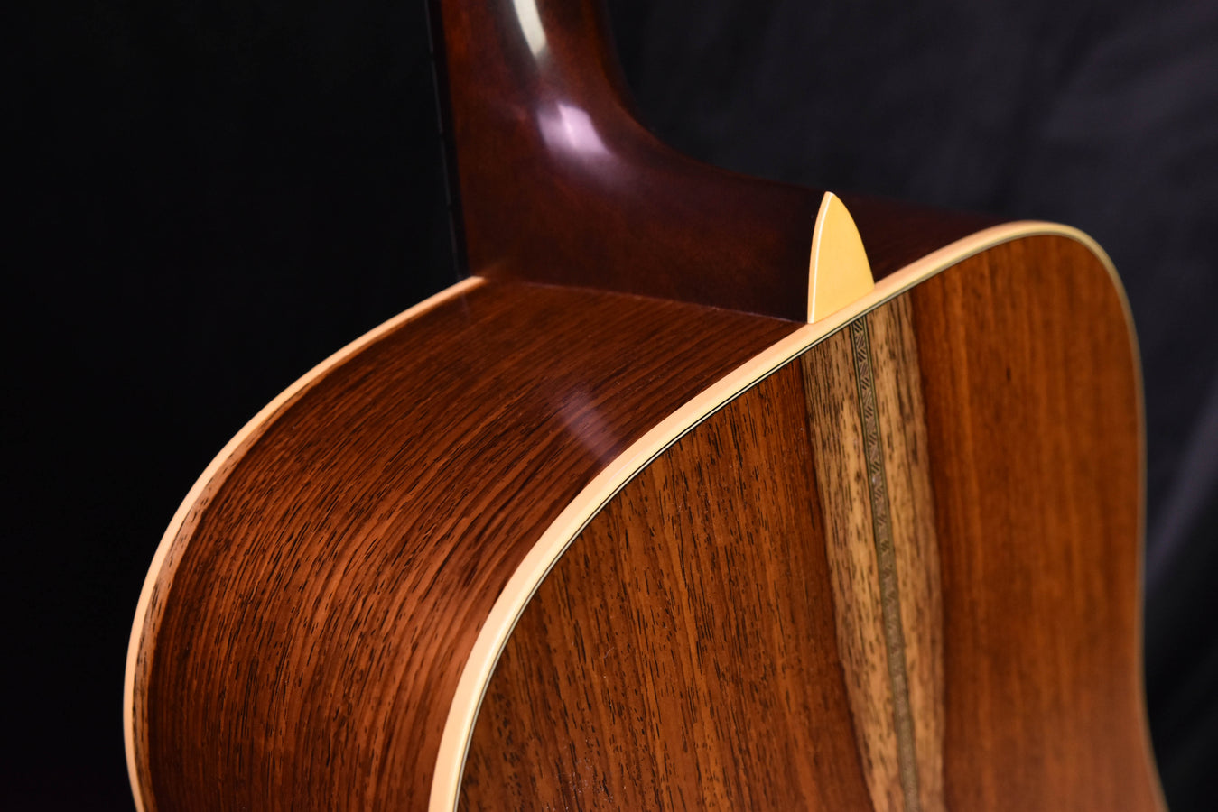 Dreadnought acoustic guitar body, dark wood back and cream binding detail
