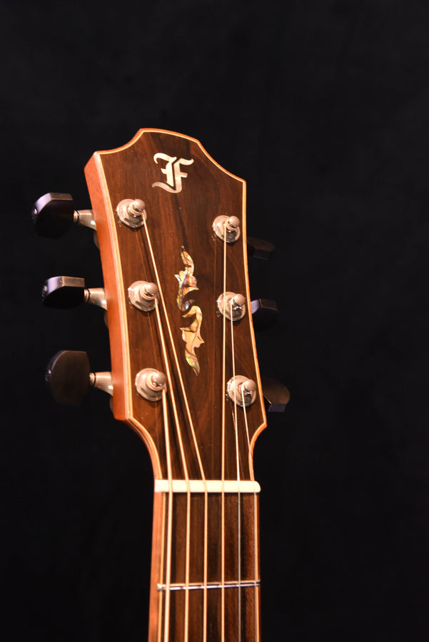 Acoustic guitar headstock logo and tuners, front view