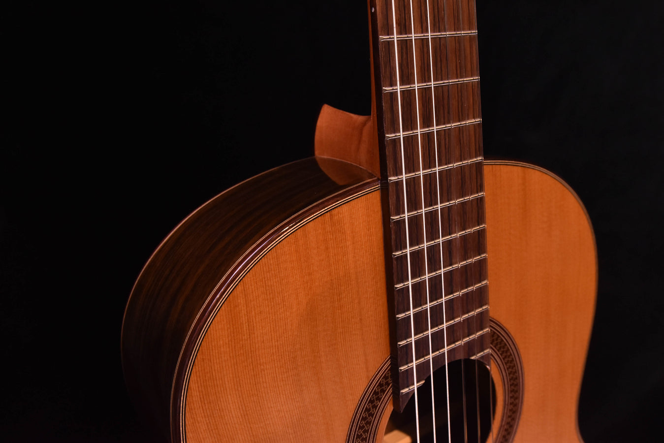 Classical guitar body and neck, view of rosette and fretboard