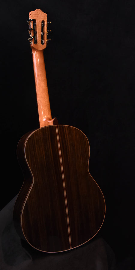 Classical guitar back with dark wood and center seam, partial neck view