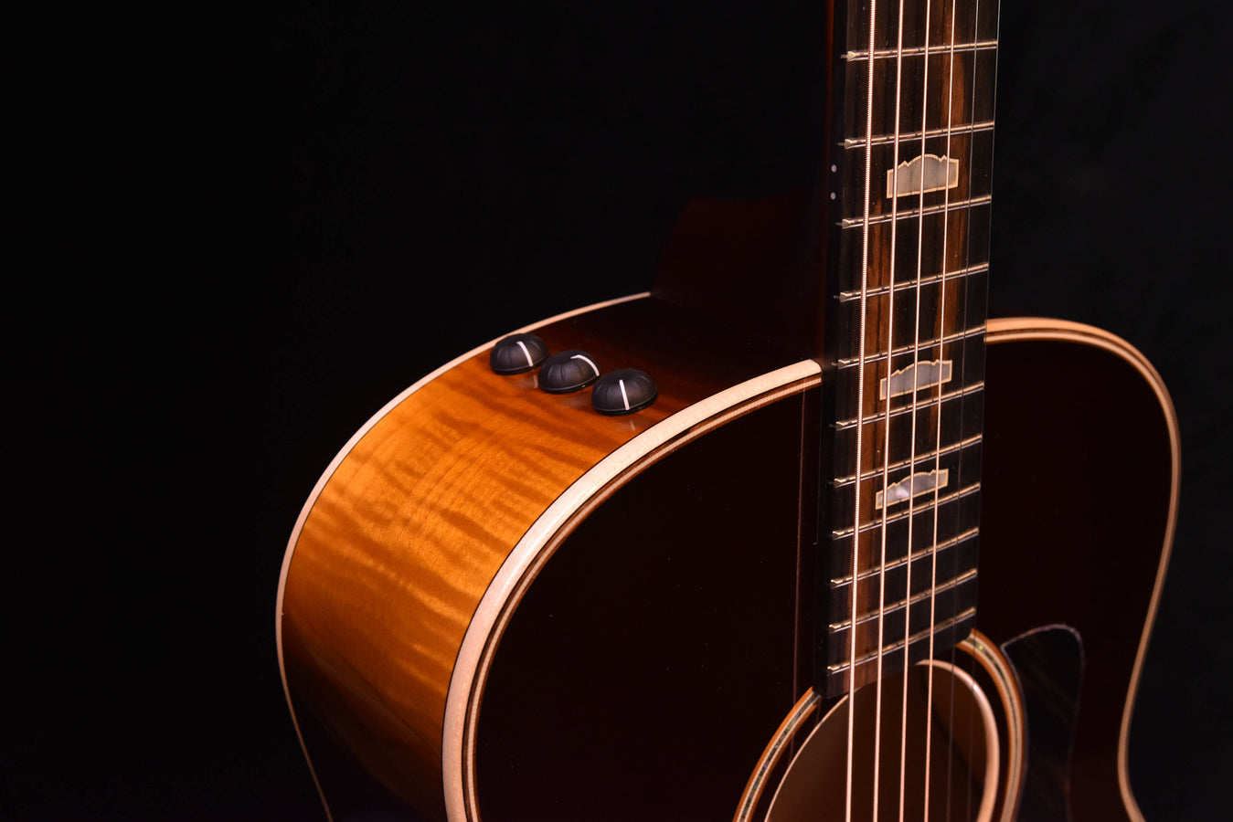 Acoustic guitar headstock and tuning pegs with logo, close-up
