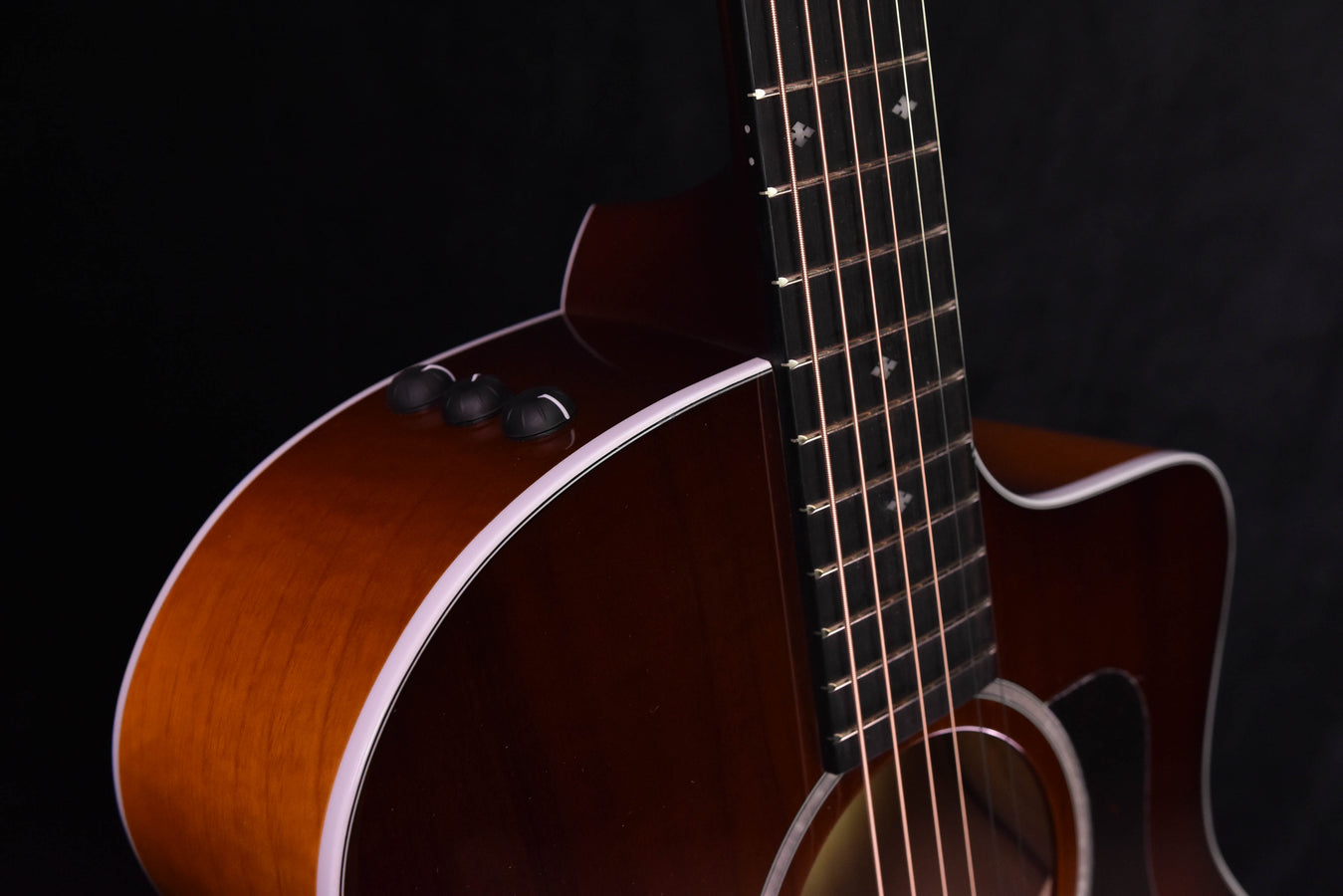 Acoustic-electric guitar neck and upper bout, dark fretboard with inlays, close view