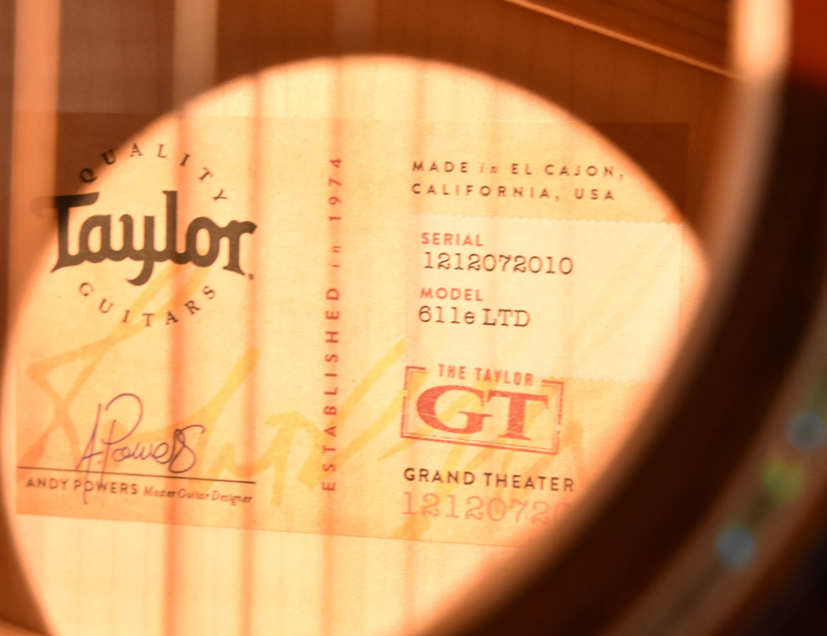 Taylor label on acoustic guitar, serial 1212072010 and model 611E LTD