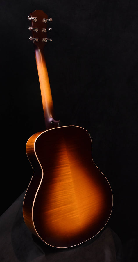 Acoustic guitar in tobacco sunburst, full-body back profile view