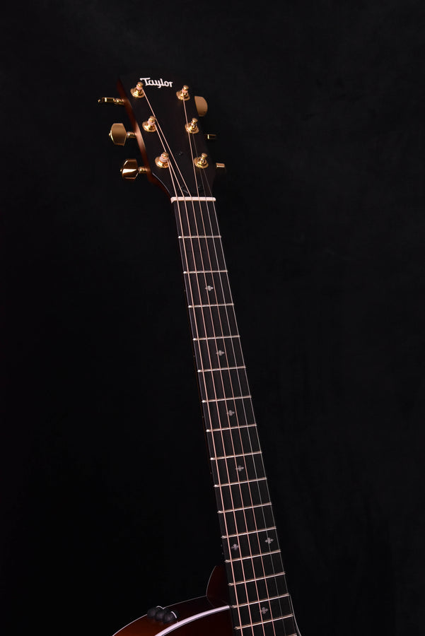 Acoustic-electric guitar headstock, gold tuners and dark logo, angled close-up