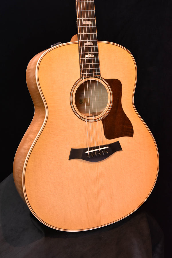 Antique Blonde Jumbo acoustic-electric guitar, body close-up with soundhole and pickguard