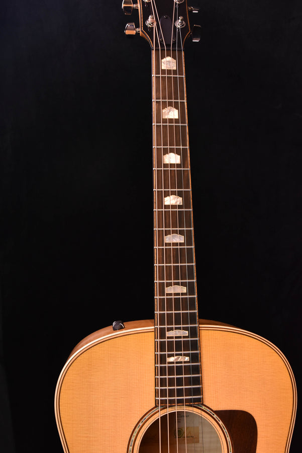 Antique Blonde Jumbo acoustic-electric guitar, neck and body front view