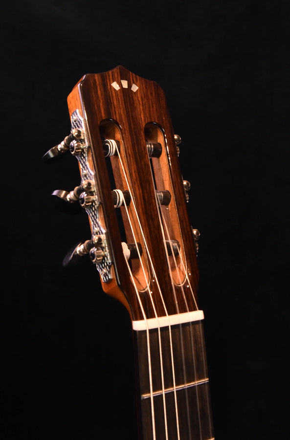 Acoustic guitar headstock with tuning pegs and strings on brown wood