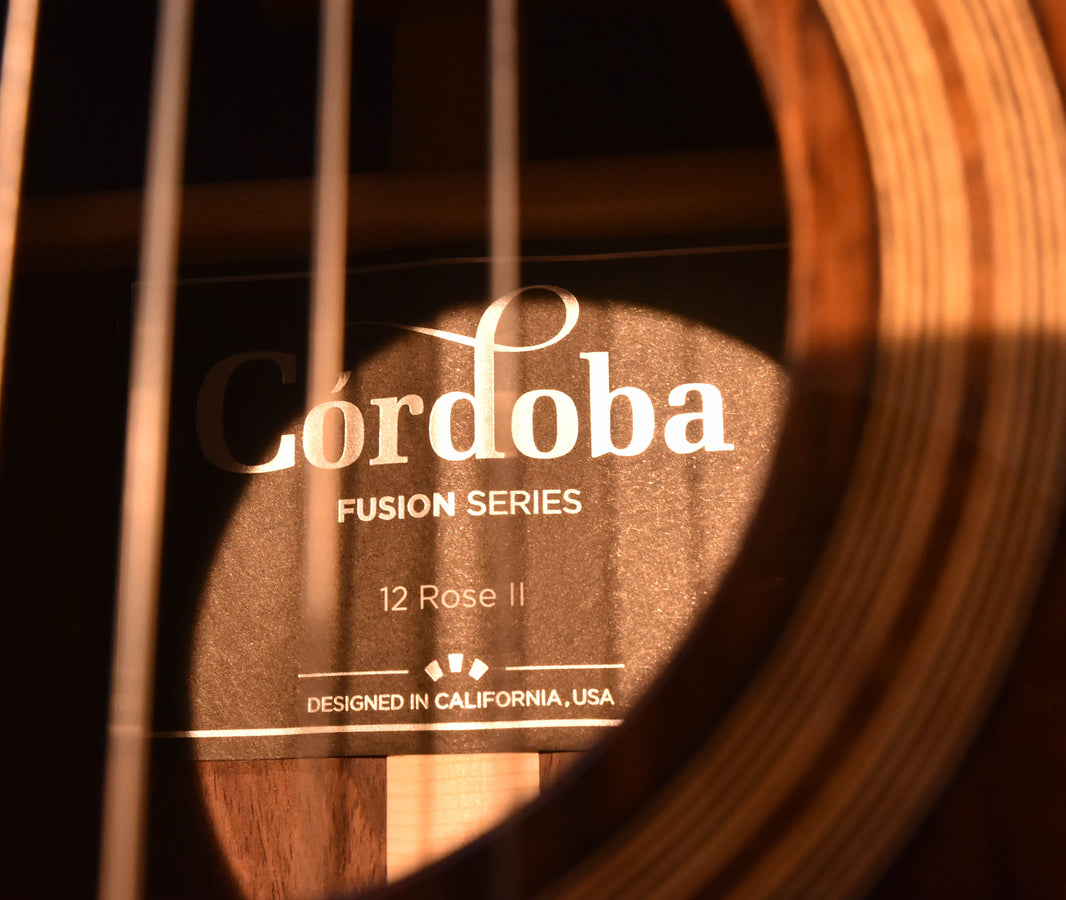 Cordoba branding on soundboard: Fusion Series 12 Rose II, designed in California