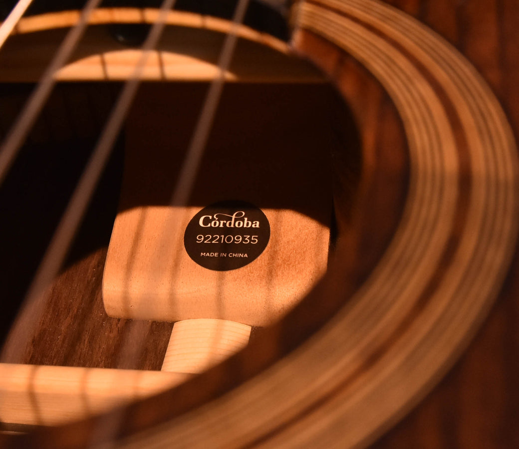 Cordoba 92210935 label, made in China, on the inner guitar body