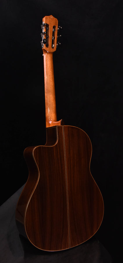 Acoustic guitar front view, natural brown body with strings and headstock