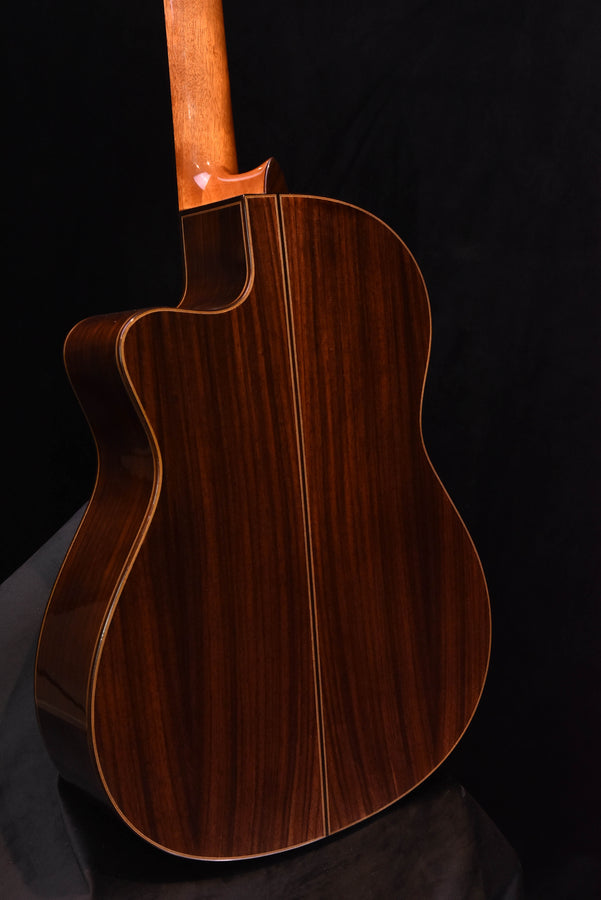 Cordoba Fusion 12 Rose II guitar body with cutaway, dark wood finish