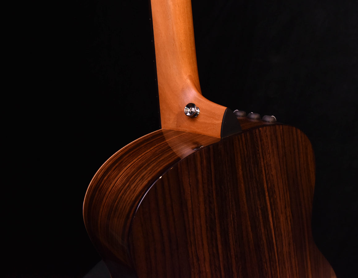 Mini-E guitar neck heel and shoulder, dark wood back with small chrome screw
