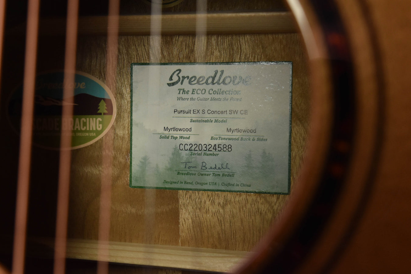 Breedlove serial label inside soundhole for Myrtletwood concert guitar