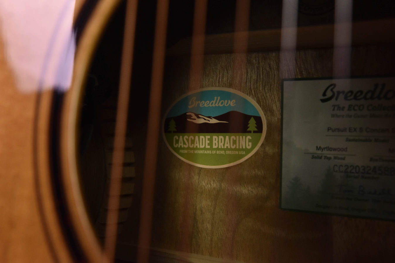 Soundhole interior label with Cascade Bracing emblem