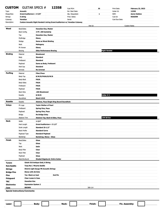 Taylor Custom GA Cutaway All Master Grade Koa Acoustic Electric Guitar