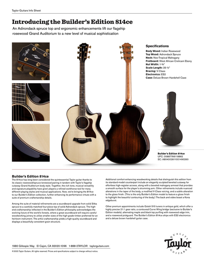Taylor 814ce Builder’s Edition info sheet page with guitar photos and specifications